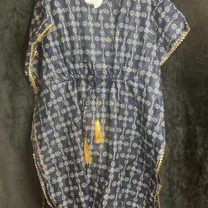Navy Blue Printed Kaftan Dress with Gold Tassels Size Large